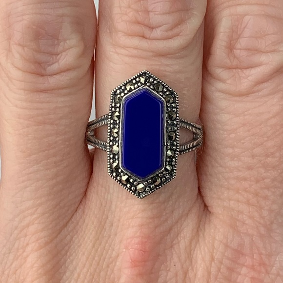 Sterling Silver Blue Lapis Diamond Shaped Marcasite Ring Size 7 - Picture 7 of 7
